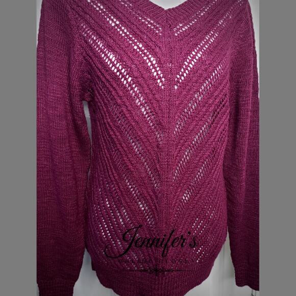 3/$25 attention Women's Purple V Neck Open Weave Sweater Size XL - Picture 4 of 8